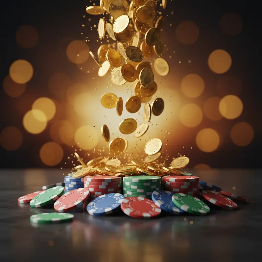 Rain of gold coins over stacked casino chips